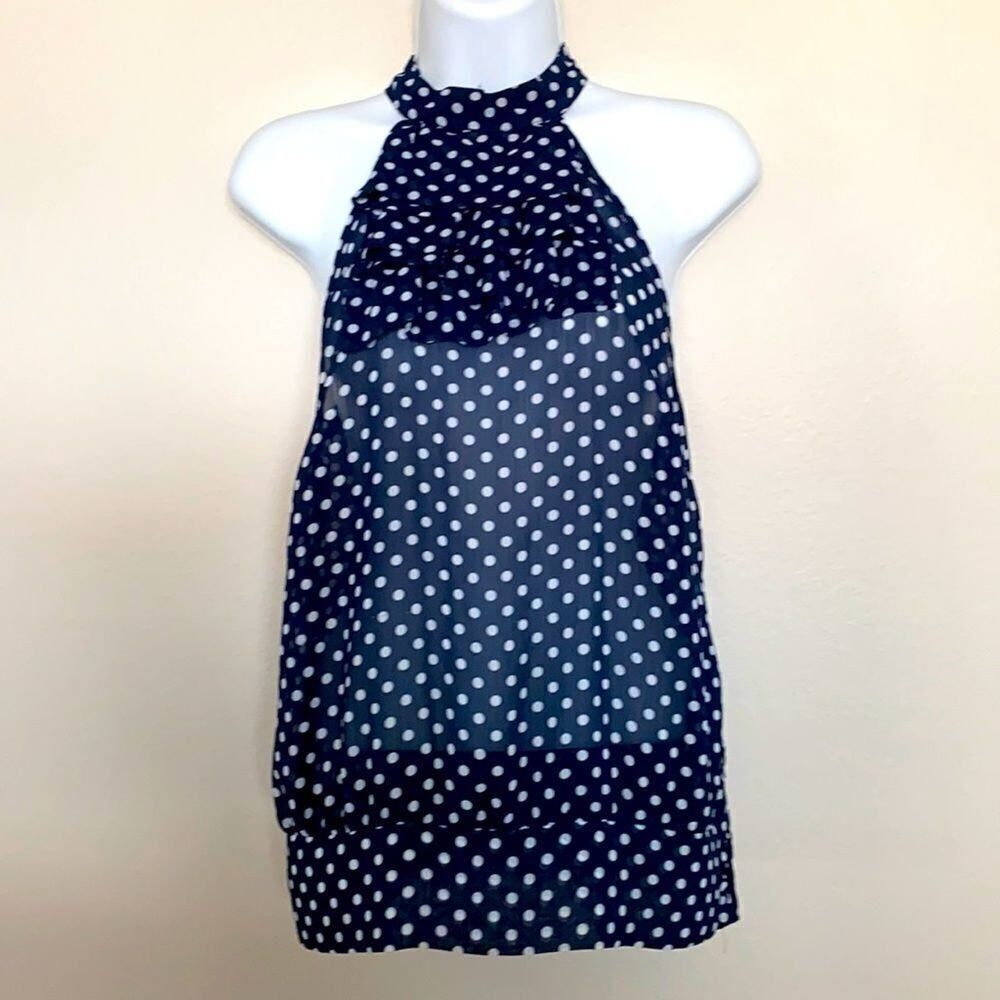 Twentyone Blue w/white dots High Neck Ruffle Top S